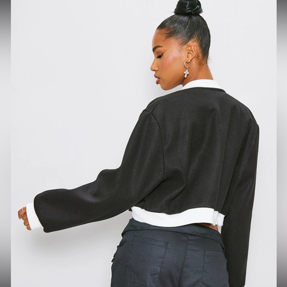 NWT Pretty Little Thing Contrast Trim Wool Look Bomber Jacket in Black & White - Picture 2 of 8